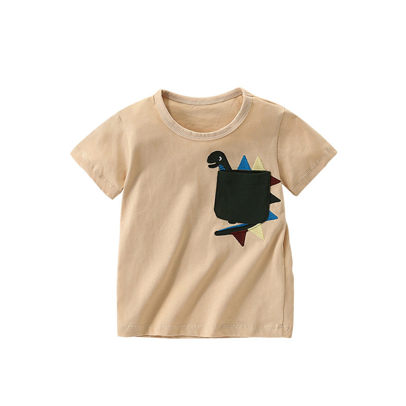 Summer Arrival Boys’ Animal Cartoon Pattern Decorated Pocket T-shirt in European and American Style, MyKids-USA®, Baby & Toddler Tops, MyKids-USA - Size/Age - 100 (2-3Y) - Color - Khaki -  -  - TR2506131725-A