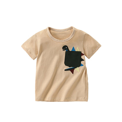 Summer Arrival Boys’ Animal Cartoon Pattern Decorated Pocket T-shirt in European and American Style, MyKids-USA®, Baby & Toddler Tops, MyKids-USA - Size/Age - 100 (2-3Y) - Color - Khaki -  -  - TR2506131725-A