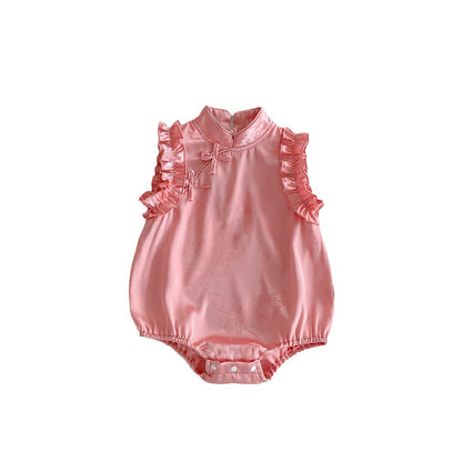 New Design Summer Baby Kids Girls Flowers Pattern Sleeveless Stand Collar Onesies