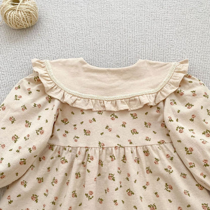 Arrival Spring and Autumn Flowers Pattern Baby Kids Girls Turn-down Collar Onesies and Dress – Princess Sister Matching Set