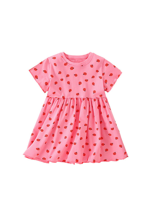 Summer New Arrival Baby Kids Girls Short Sleeves Ladybird Print Pink Dress