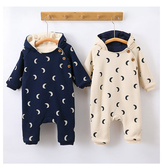 Baby Unisex Moon Print Cotton Padded Thickened Winter Hoodie Romper