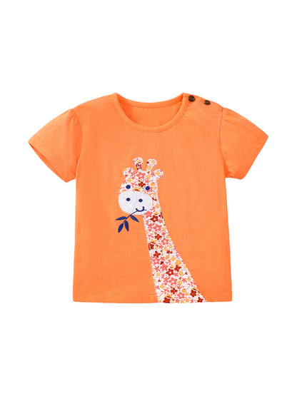 Girls’ Clothing Summer Collection – Floral Giraffe Pattern Children’s T-Shirt