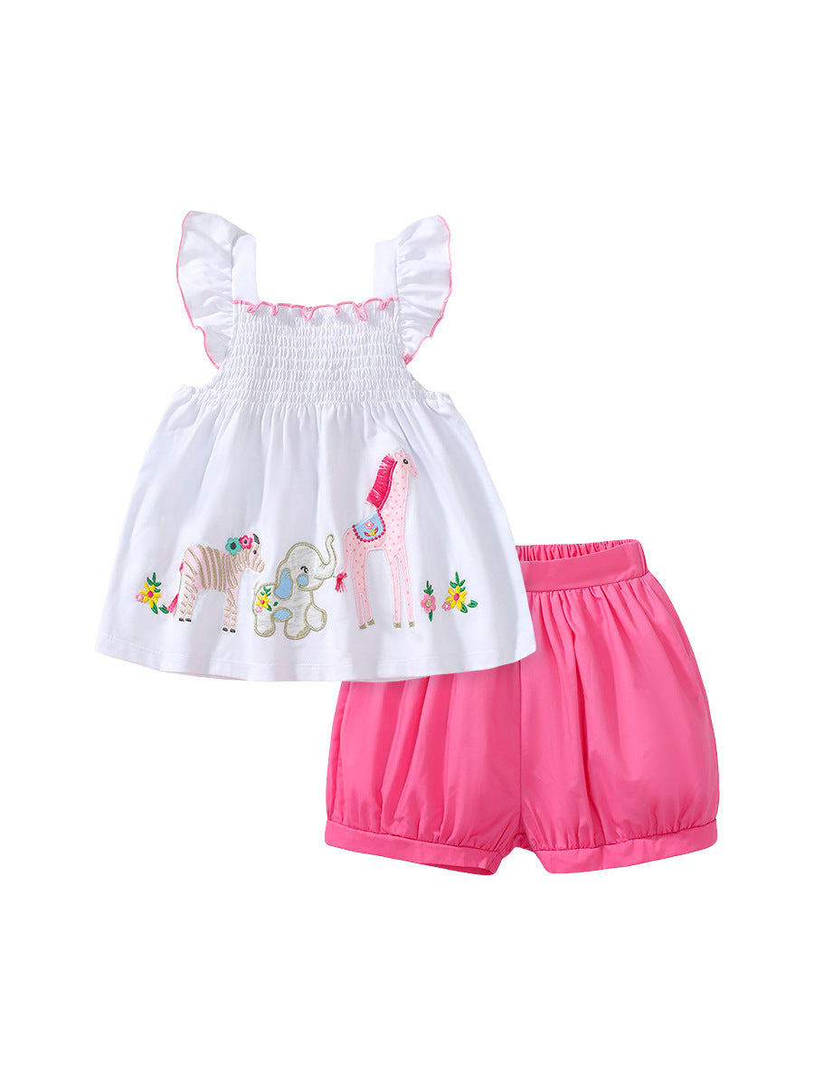 Girls Animals Cartoon Pattern Dress And Pink Shorts Set