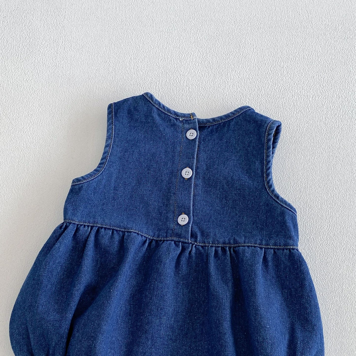 Summer Arrival Baby Girls Sleeveless Mushroom Pattern Denim Bodysuit
