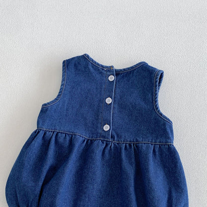 Summer Arrival Baby Girls Sleeveless Mushroom Pattern Denim Bodysuit