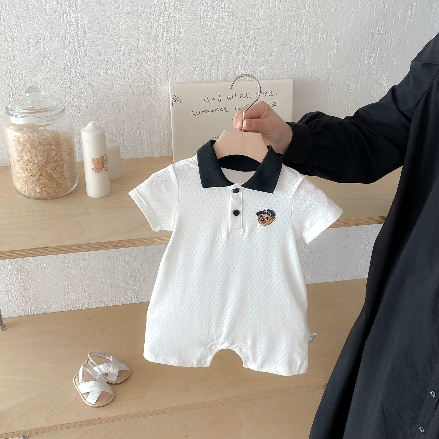 Summer Arrival Baby Boys Teddy Bear Pattern Short Sleeves Rompers with Turn-down Collar, MyKids-USA®, Baby One-Pieces, MyKids-USA - Size/Age - 66 (3-6M) - Color - White -  -  - TR2506202015-B