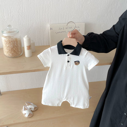 Summer Arrival Baby Boys Teddy Bear Pattern Short Sleeves Rompers with Turn-down Collar, MyKids-USA®, Baby One-Pieces, MyKids-USA - Size/Age - 66 (3-6M) - Color - White -  -  - TR2506202015-B