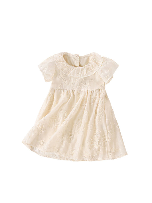 Summer Arrival Girls’ Floral Pattern Embroidery Short Sleeves Round Collar Dress, MyKids-USA®, Baby & Toddler Dresses, MyKids-USA - Size/Age - 90 (12-24M) - Color - Beige -  -  - TR2406042346-A