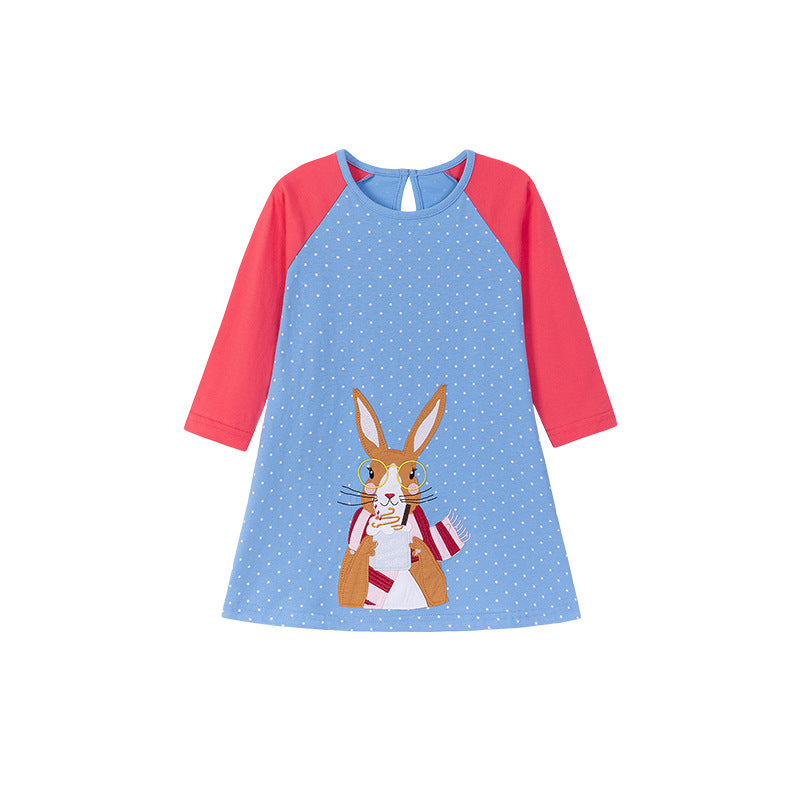 Autumn Arrival Cartoon Rabbit Pattern Long Sleeves Crew Neck Color Patchwork Dress for Stylish Girls, MyKids-USA®, Baby & Toddler Dresses, MyKids-USA -  -  -  -  -  -  - 