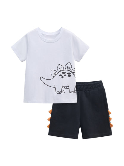 Baby And Kids Boys Dinosaur Cartoon Short Sleeves Top And Shorts Casual Clothing Set