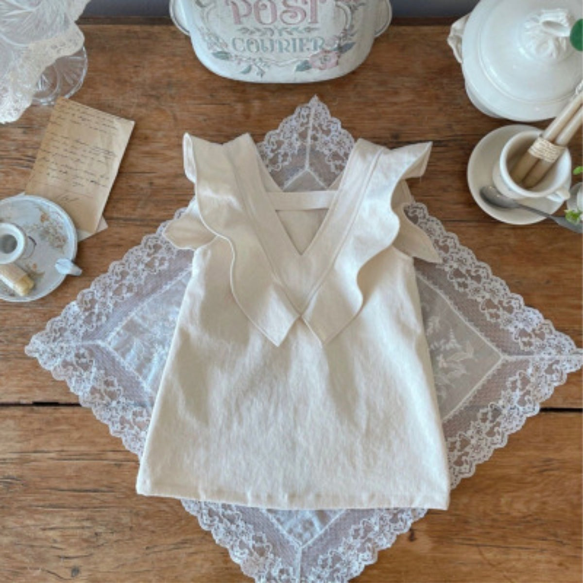 Baby Girl Solid V-Collars Combo Pockets Design Dress