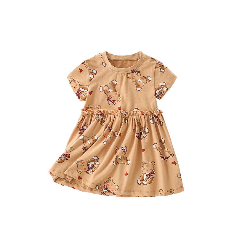 Summer Arrival Cartoon Teddy Bear Pattern Short Sleeves Dress for Stylish Girls, MyKids-USA®, Baby & Toddler Dresses, MyKids-USA - Size/Age - 100 (2-3Y) - Color - Brown -  -  - TR2505052307-A