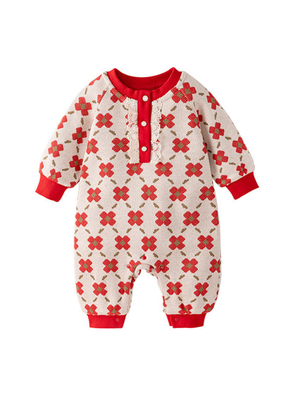 Spring Baby Girl Red Floral Knitted Home Clothes Crew Neck Romper