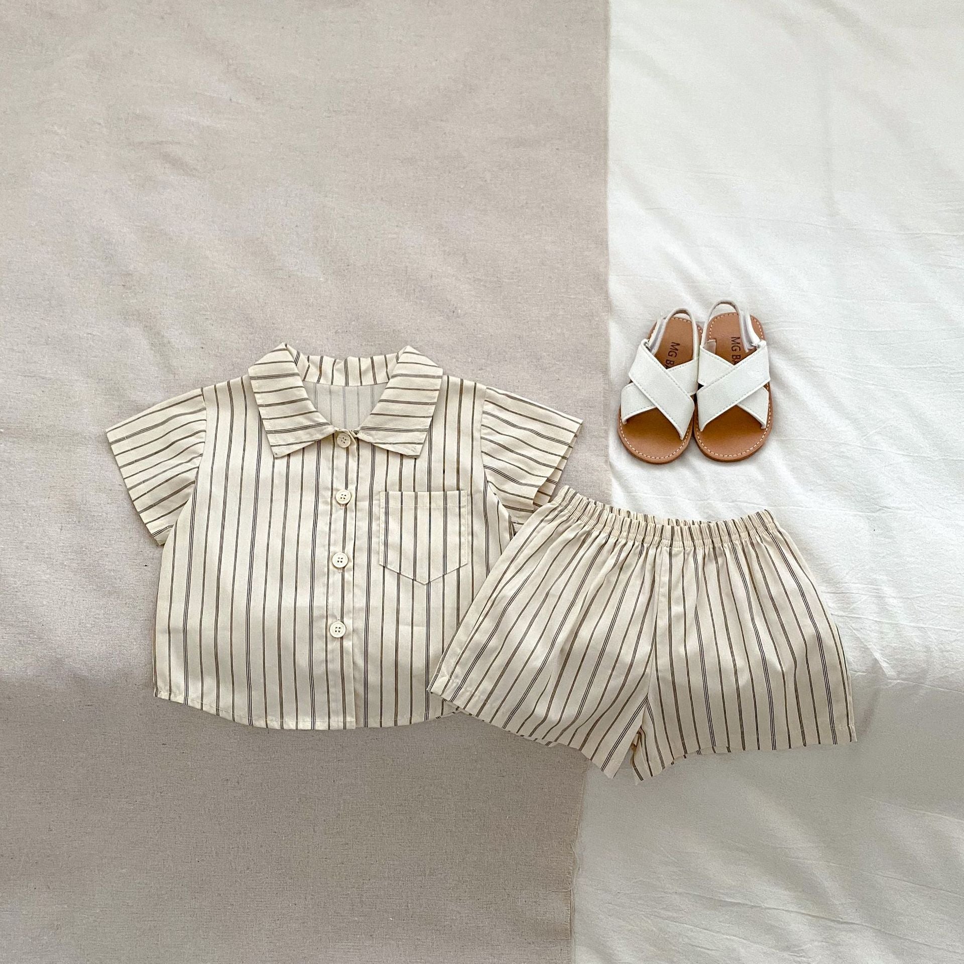 Summer Baby Kids Boys Plaid/Striped Pattern Turn-Down Collar Shirt And Shorts Clothing Set, MyKids-USA®, Baby & Toddler Outfits, MyKids-USA - Size/Age - 73 (6-9M) - Color - Apricot -  -  - TR2404291102-A.