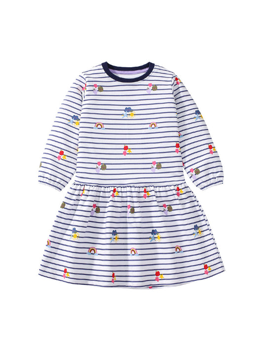Best Selling Autumn Girls Rainbow And Striped Pattern Crew Neck Long Sleeves Dress, MyKids-USA®, Baby & Toddler Dresses, MyKids-USA - Size/Age - 90 (12-24M) - Color - Black -  -  - TR2407260928-A