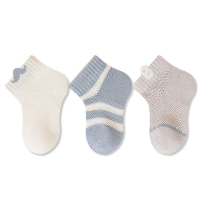 Summer and Spring Baby Kids Boys and Girls Breathable Cute Flowers and Striped Pattern Socks 3-Pair Set, MyKids-USA®, Baby & Toddler Socks & Tights, MyKids-USA - Size/Age - XS (0-6M) - Color - Blue -  -  - TR2604272256-B.