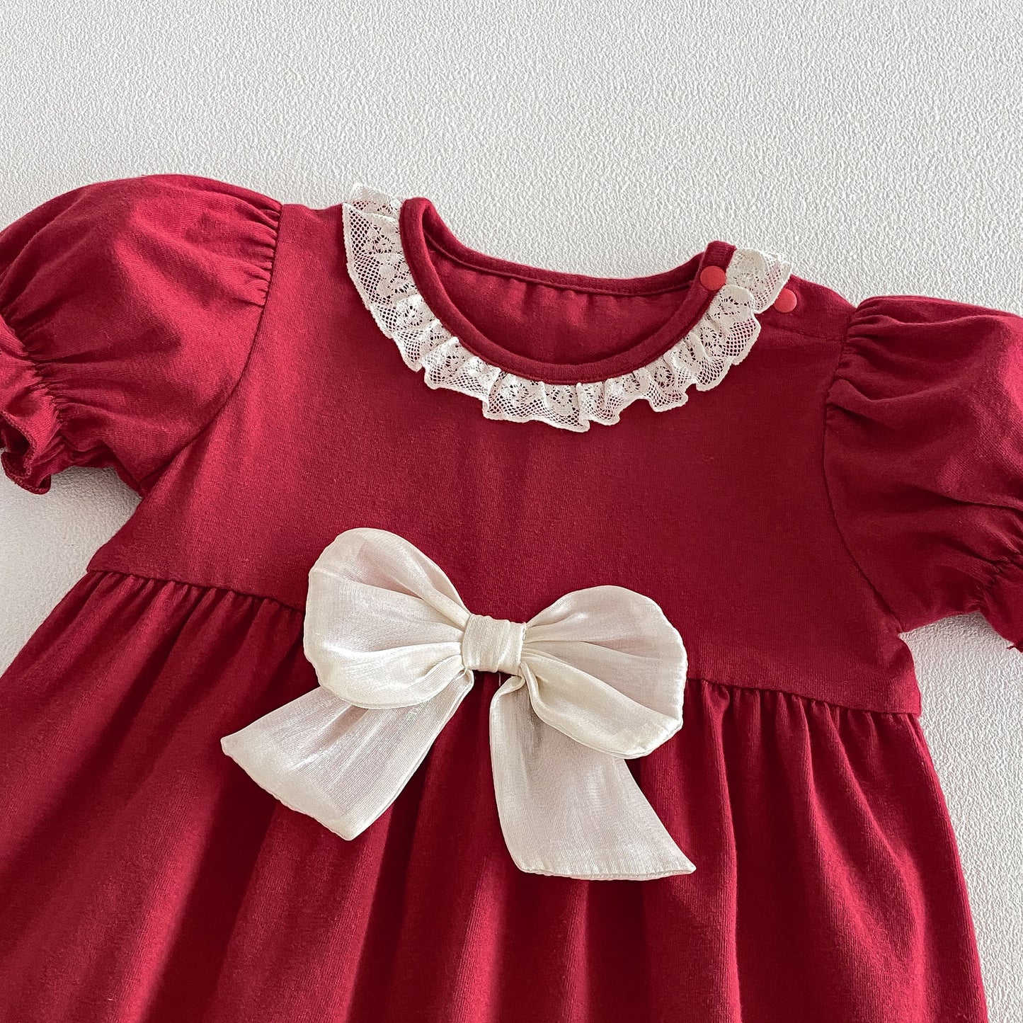 Arrival Summer Baby Kids Girls Short Sleeves Lace Trim Red Rompers