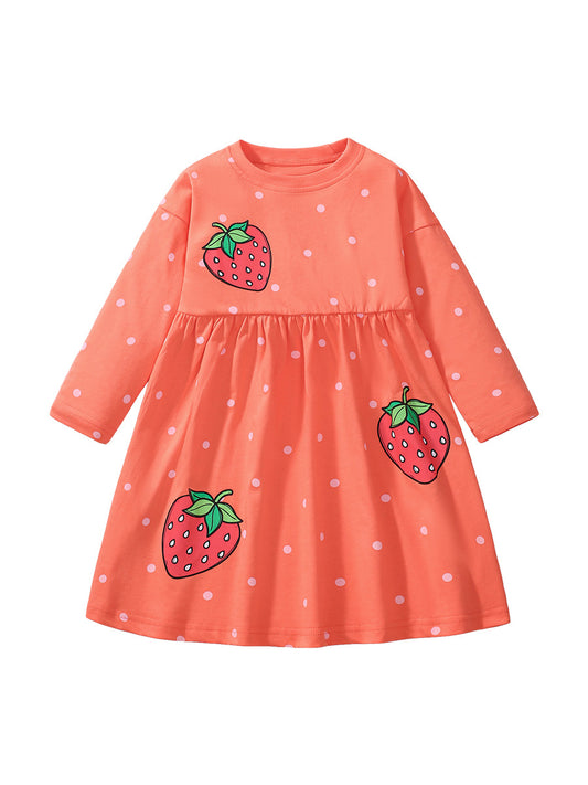 Autumn Arrival Girls’ Strawberry Pattern Dots Crew Neck Long Sleeves Dress, MyKids-USA®, Baby & Toddler Dresses, MyKids-USA - Size/Age - 90 (12-24M) - Color - Orange -  -  - TR2407062338-A