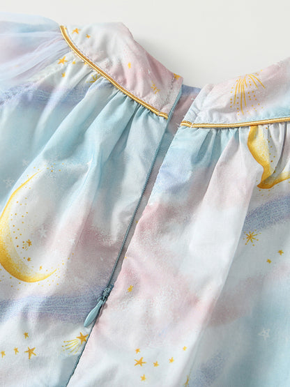 Summer Arrival Moon and Stars Pattern Fly Sleeves Dress for Stylish Girls