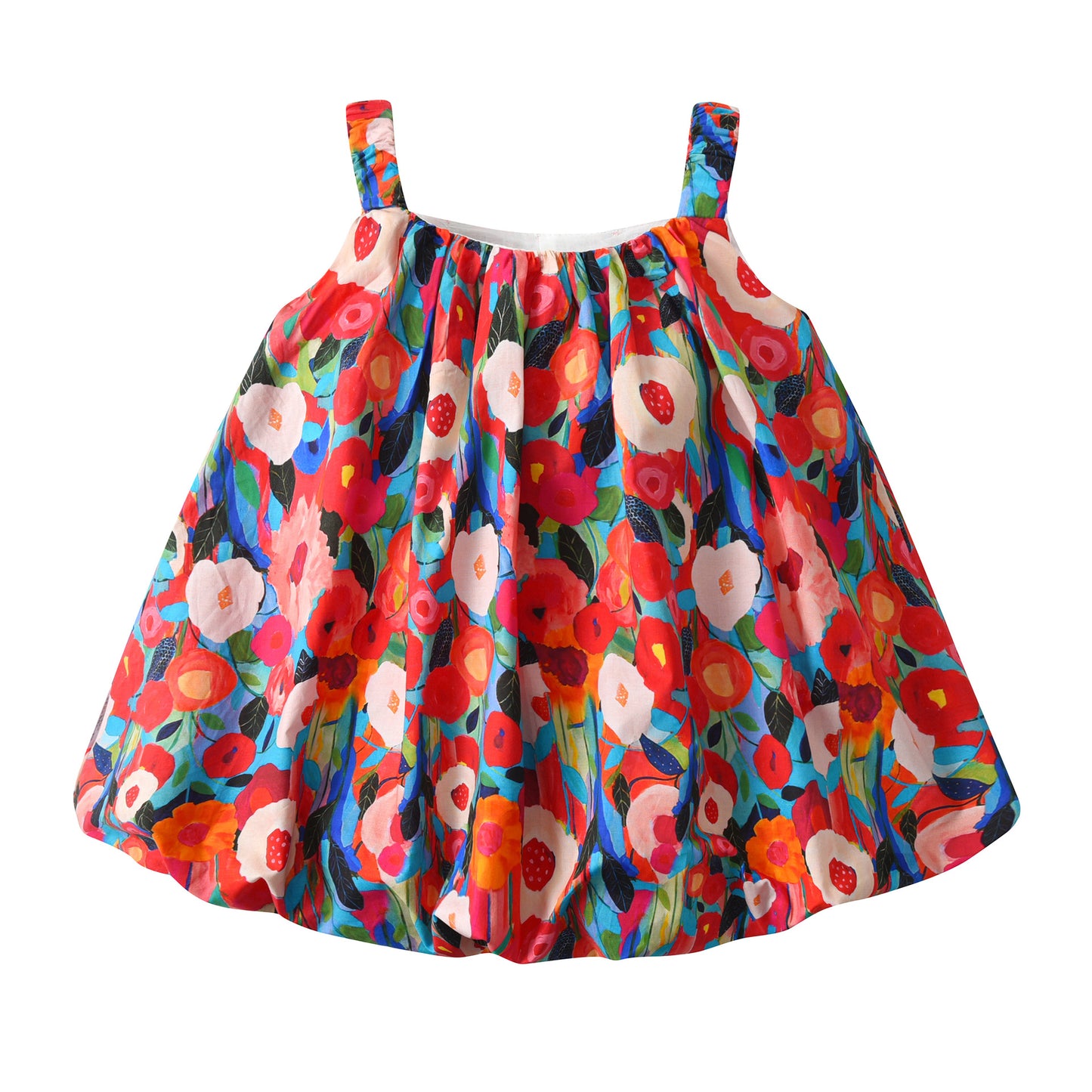New Design Summer Girls Vivid Floral Print Sleeveless Strap Dress