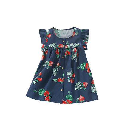 Summer Arrival Vintage Flowers Pattern Fly Sleeves Dress for Stylish Girls, MyKids-USA®, Baby & Toddler Dresses, MyKids-USA - Size/Age - 120 (5-7Y) - Color - Navy Blue (Dark Blue) -  -  - TR2504271813-A