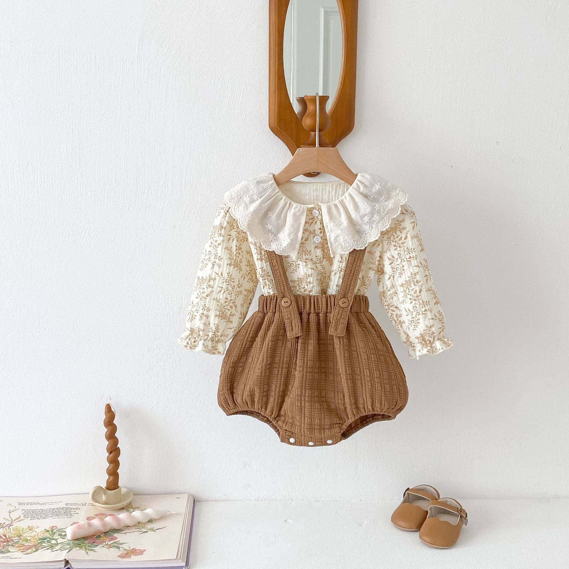 Autumn Arrival Baby Kids Girls Flowers Pattern Long Sleeves Top and Brown Overalls Strap Onesies Casual Outfits Clothing Set, MyKids-USA®, Baby One-Pieces, MyKids-USA - Size/Age - 66 (3-6M) - Color - Beige -  -  - TR2410061149-A