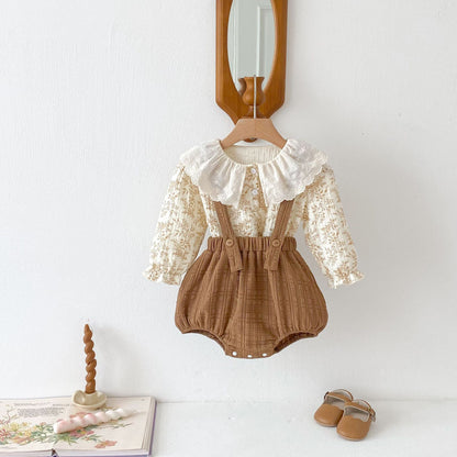 Autumn Arrival Baby Kids Girls Flowers Pattern Long Sleeves Top and Brown Overalls Strap Onesies Casual Outfits Clothing Set, MyKids-USA®, Baby One-Pieces, MyKids-USA - Size/Age - 66 (3-6M) - Color - Beige -  -  - TR2410061149-A