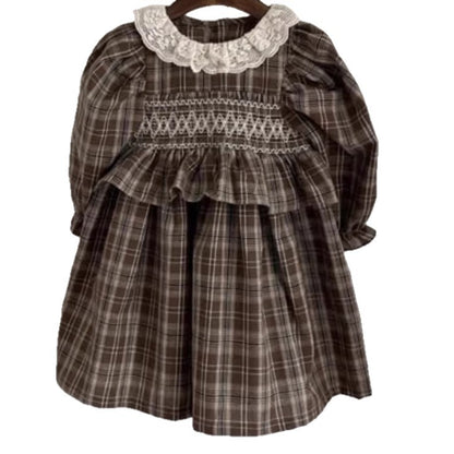Autumn Arrival Baby Girls Long Sleeves Lace Trim Collar Plaid Dress
