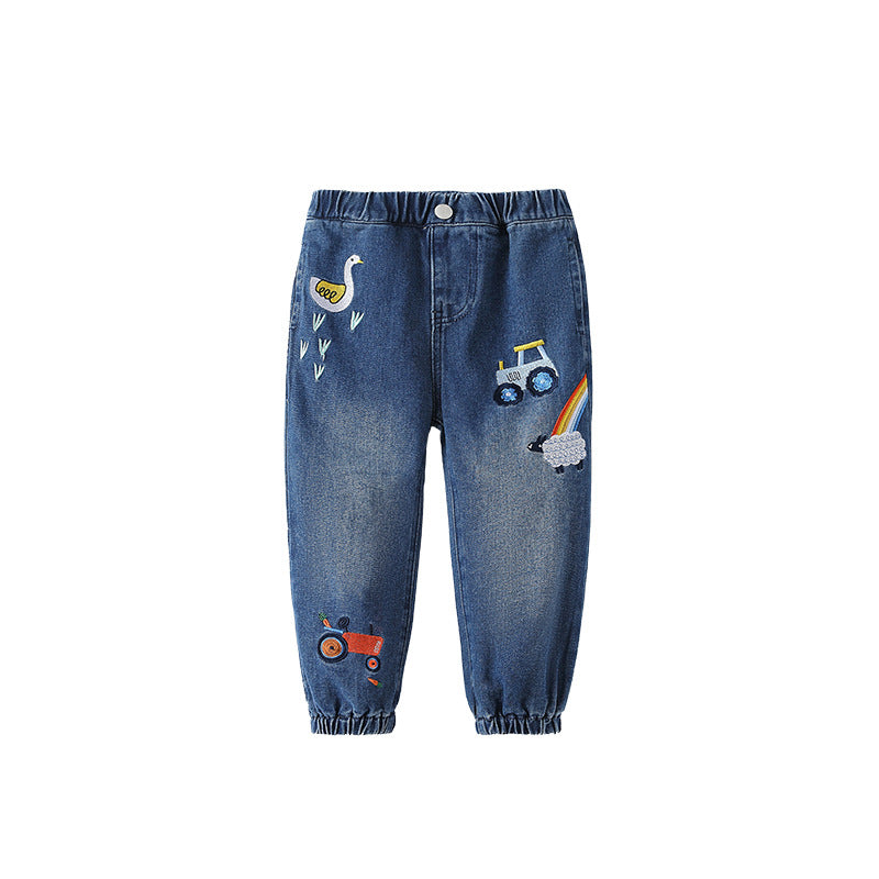 Arrival Autumn Baby Kids Girls Cartoon Embroidered Pattern Denim Pants, MyKids-USA®, Jeans, MyKids-USA - Size/Age - 100 (2-3Y) - Color - Blue -  -  - TR2509242259-A.