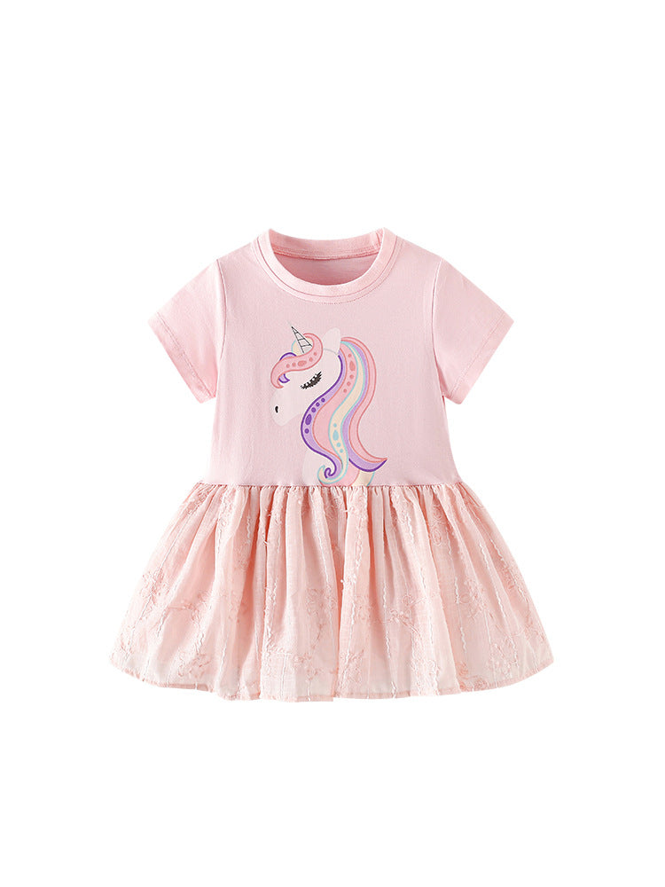 Summer Baby Kids Girls Short Sleeves Cartoon Unicorn Pattern Dress