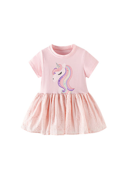 Summer Baby Kids Girls Short Sleeves Cartoon Unicorn Pattern Dress