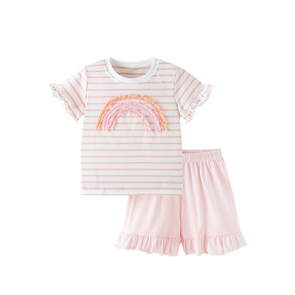 Summer Baby Kids Rainbow Pattern Striped T-shirt and Pink Shorts Clothing Set for Girls, MyKids-USA®, Baby & Toddler Outfits, MyKids-USA - Size/Age - 100 (2-3Y) - Color - Pink -  -  - TR2505271652-A