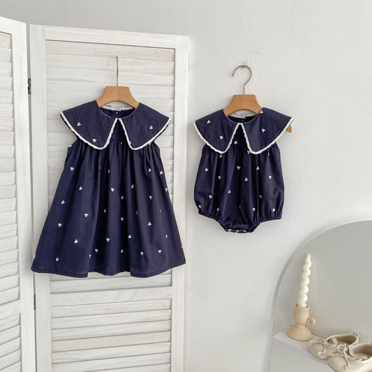 Summer Girls Cute Hearts Pattern Navy Collar Onesies and Dress – Princess Sister Matching Set, MyKids-USA®, Baby & Children's Outfits, MyKids-USA -  -  -  -  -  -  - .