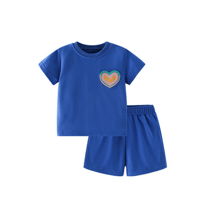 Summer Baby Kids Hearts Pattern T-shirt and Shorts Casual Blue Clothing Set for Boys and Girls, MyKids-USA®, Baby & Toddler Outfits, MyKids-USA - Size/Age - 110 (3-5Y) - Color - Blue -  -  - TR2506291710-A