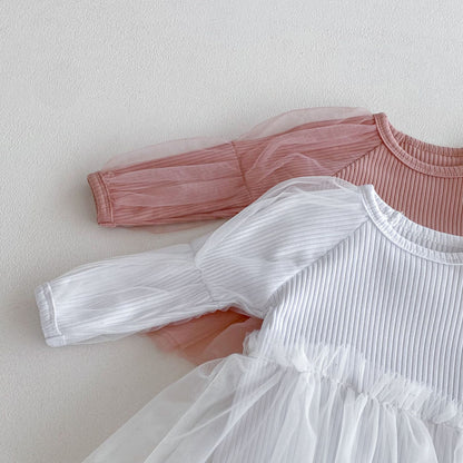 Autumn Arrival Baby Girls Long Sleeves Tulle Patchwork Solid Color Onesies, MyKids-USA®, Baby One-Pieces, MyKids-USA -  -  -  -  -  -  - 