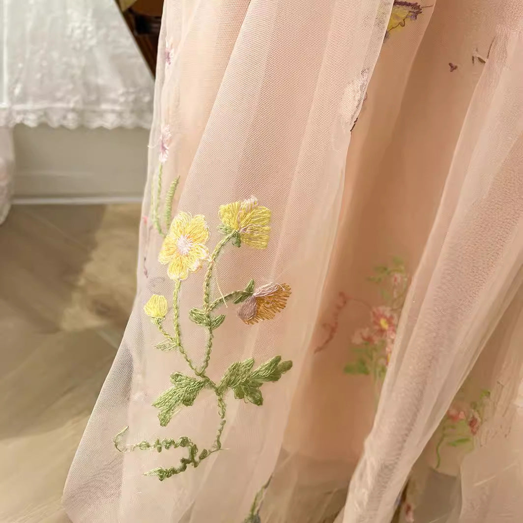 New Design Summer Kids Girls Elegant Style Floral Embroidered Mesh Sleeveless Dress