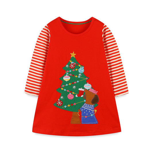 Girls’ European-American Style Christmas Tree Cartoon Pattern Striped Sleeves Dress