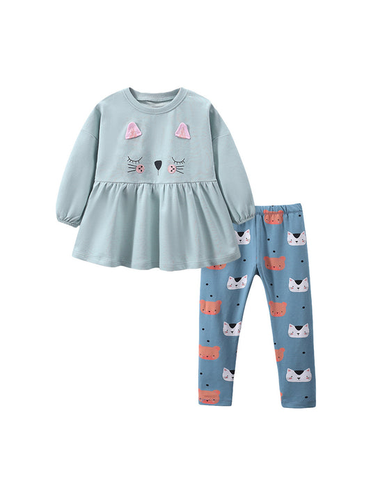 Baby Girl Cat Pattern Design Pullover With Long Leggings Sets