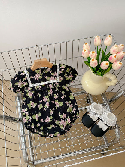 Summer Baby Kids Girls Comfortable Floral Pattern Short Sleeves Dress And Shorts Clothing Set/Onesies