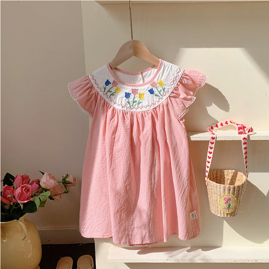 Summer Arrival Baby Kids Girls Cute Short Sleeves Flowers Pattern Embroidered Dress, MyKids-USA®, Baby & Toddler Dresses, MyKids-USA - Size/Age - 90 (12-24M) - Color - Pink -  -  - TR2503111519-A