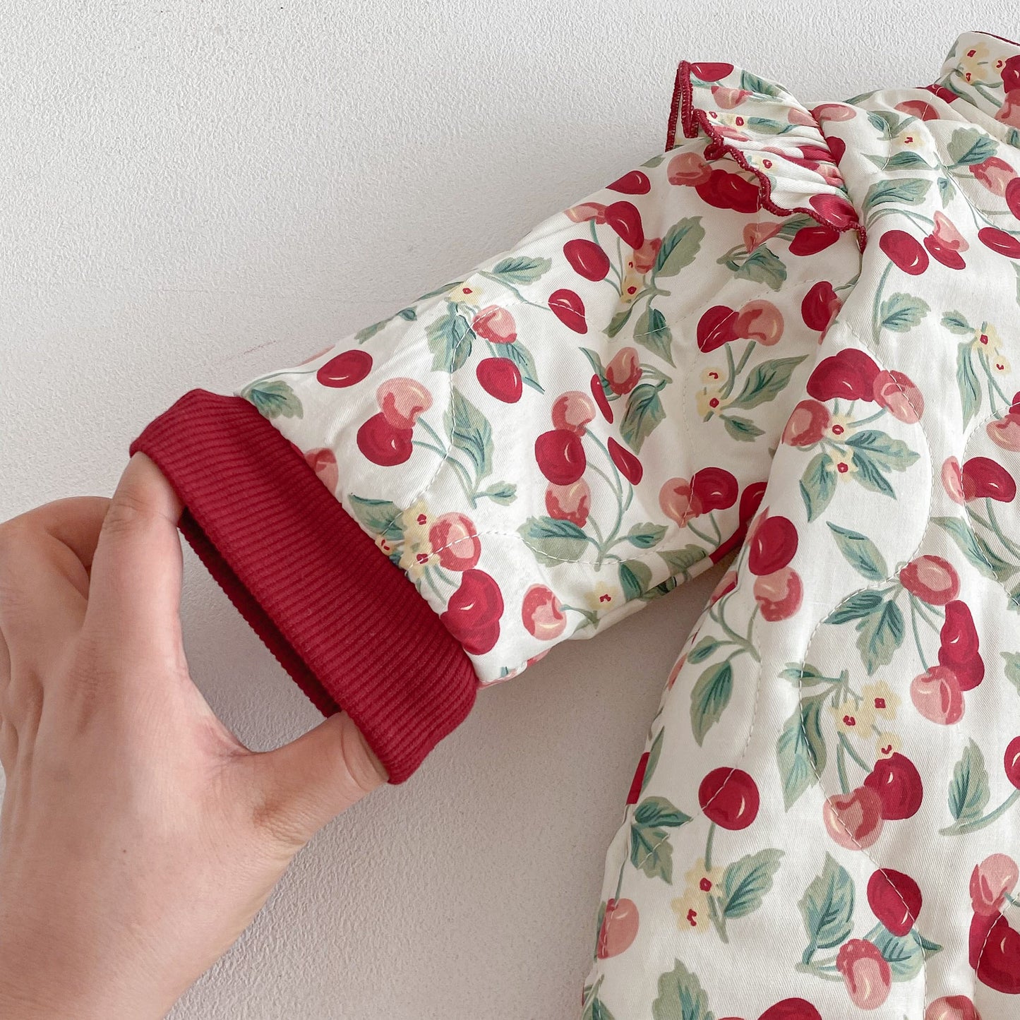 Winter Arrival Baby Girls Long Sleeves Cherry Pattern Fleece-Lined Rompers