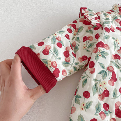 Winter Arrival Baby Girls Long Sleeves Cherry Pattern Fleece-Lined Rompers
