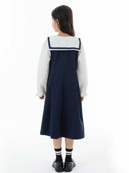 Autumn Arrival Long Sleeves Color Patchwork Preppy One-Piece Navy Collar Dress for Stylish Girls