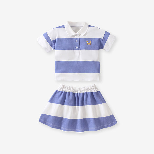 Summer Baby Kids Girls Animals Cartoon Logo Striped Polo Shirt And Skirt Clothing Set