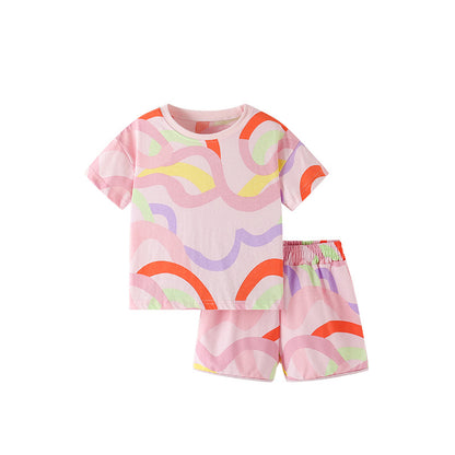 Summer Baby Kids Colorful Curves Pattern T-shirt and Shorts Clothing Set for Girls, MyKids-USA®, Baby & Toddler Outfits, MyKids-USA - Size/Age - 100 (2-3Y) - Color - Pink -  -  - TR2505011810-A