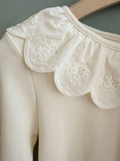 MyKids-USA® Autumn Arrival Baby Kids Girls Long Sleeves Flowers Embroidered Collar Plain Bodysuit