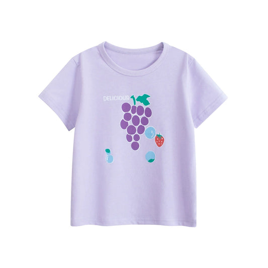 Summer Baby Kids Girls Letters and Fruits Cartoon Print Short Sleeves Crew Neck Top Shirt, MyKids-USA®, Shirts, MyKids-USA - Size/Age - 90 (12-24M) - Color - Purple -  -  - TR2508152005-A