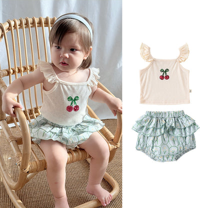 Summer Arrival Baby Girls Sleeveless Beaded Cherry Pattern Top Vest and Bloomers Clothing Sets, MyKids-USA®, Baby & Toddler Outfits, MyKids-USA -  -  -  -  -  -  - 