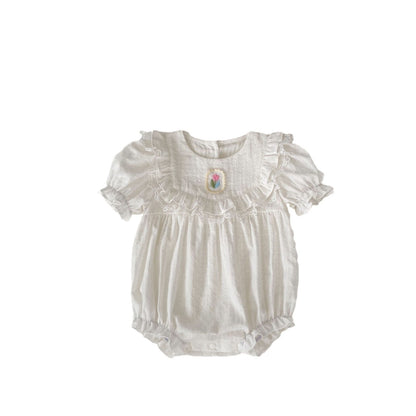 Summer Baby Girls Flower-Embroidered Short Sleeves White Onesies, MyKids-USA®, Baby One-Pieces, MyKids-USA - Size/Age - 66 (3-6M) - Color - White -  -  - TR2403172357-A